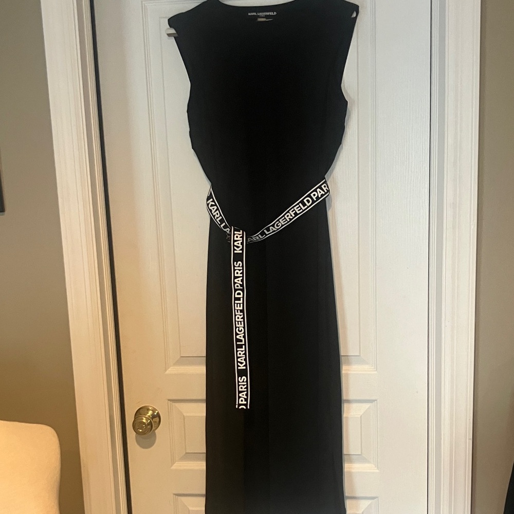 Karl Lagerfeld Black Dress with Logo Belt… detailed silver buttons in back